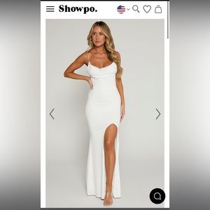 SHOWPO. TASTEFUL MIDI DRESS - COWL NECK BODYCON THIGH SPLIT DRESS IN WHITE